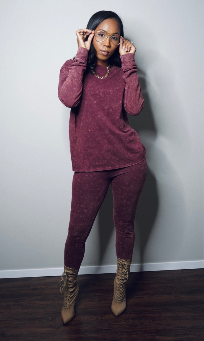 “Still Cute” Set (long sleeve-acid burgundy)
