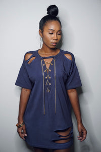 “Amora” Distressed Dress (Blue)